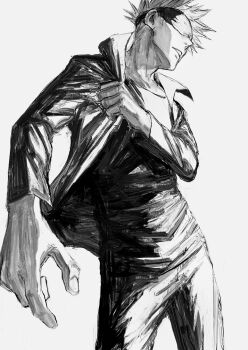 1boy arm_up blindfold collared_jacket cowboy_shot crew_neck gojou_satoru greyscale highres jacket jujutsu_kaisen kuwoniagyu11112 long_sleeves male_focus monochrome pants parted_lips shirt short_hair simple_background solo spiked_hair standing white_background