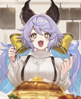 +_+ 1girl animal_ears black_nails breasts commentary_request food fork granblue_fantasy grey_eyes grey_hair heart heart_in_mouth highres holding holding_fork large_breasts long_hair rose_rnk_exia satyr_(granblue_fantasy) suspenders sweater turtleneck turtleneck_sweater twintails