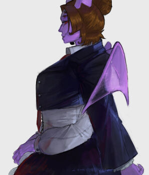 Rule 34 | absurdres, animal ears, bat ears, black vest, brown hair, colored sclera, colored skin, dante will, extra arms, extra eyes, fingernails, hair bun, highres, indie virtual youtuber, long sleeves, portuguese commentary, purple skin, rabiscogat, sharp fingernails, shirt, single hair bun, skirt, vest, virtual youtuber, white shirt, wings