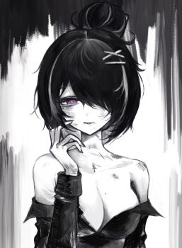 Rule 34 | 1girl, bare shoulders, breasts, bruise, bruise on chest, bruise on face, bruise on shoulder, cleavage, dress, greyscale, hair ornament, hair over one eye, hand up, highres, injury, large breasts, long sleeves, looking at viewer, mole, mole on breast, mole under eye, monochrome, one eye covered, original, parted bangs, parted lips, purple eyes, short hair, solo, suou-sensei, upper body, x hair ornament