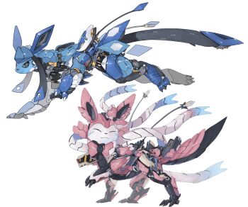 :3 ^_^ animal_focus black_sclera bow cable closed_eyes closed_mouth colored_sclera commentary eevee english_commentary floating from_side full_body gen_1_pokemon gen_4_pokemon gen_6_pokemon glaceon happy highres mecha mechanization nintendo no_humans non-humanoid_robot pink_bow pokemon pokemon_(creature) robot robot_animal running science_fiction simple_background smile standing sylveon watermark white_background xezeno