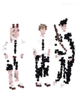 1girl 2boys black_hair black_jacket black_necktie black_pants brown_hair chainsaw_man denji_(chainsaw_man) doeun_o_o hayakawa_aki highres jacket jigsaw_puzzle multiple_boys necktie pants pink_hair power_(chainsaw_man) puzzle shirt white_background white_shirt