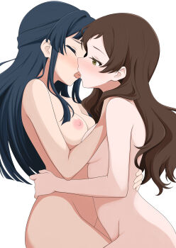 2girls absurdres blue_hair blush breasts brown_hair closed_eyes commentary_request completely_nude french_kiss hand_on_another's_back hand_on_another's_shoulder highres houki_(tonburi) idolmaster idolmaster_million_live! kiss kitazawa_shiho long_hair medium_breasts mogami_shizuka multiple_girls nipples nude profile simple_background white_background yuri