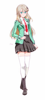 1girl aramis_high_school_uniform artist_name boots braid brown_hair crown_braid eiyuu_densetsu elaine_auclair full_body green_eyes hair_between_eyes jacket kuro_no_kiseki_(series) kuro_no_kiseki_i long_hair looking_at_viewer necktie open_clothes open_jacket over-kneehighs parted_bangs red_necktie school_uniform simple_background skirt socks solo tachi-e thighhighs tie_clip white_background white_socks xiacheng_tatsuya