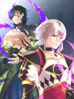 2boys ahoge armor choker cloak collarbone dragon fire_emblem fire_emblem_engage flat_chest green_hair griss_(fire_emblem) hair_between_eyes hair_ornament highres jewelry looking_at_viewer magic medium_hair multiple_boys nintendo pendant rafal_(fire_emblem) red_eyes riou_(pooh920) shirt shoulder_armor simple_background smile spiked_hair tattoo white_hair white_shirt