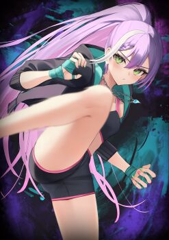 1girl absurdres bandaged_hand bandages black_jacket black_pants black_shorts black_sports_bra breasts chain chain_necklace closed_mouth commentary_request cosplay demon_girl double-parted_bangs ed_(street_fighter) ed_(street_fighter)_(cosplay) fighting_stance green_eyes hair_between_eyes highres hololive hood hooded_jacket incoming_kick jacket jewelry long_hair looking_at_viewer medium_breasts motion_blur navel necklace no_tail pants pointy_ears purple_hair short_shorts shorts small_breasts solo spiked_ear_piercing sports_bra street_fighter street_fighter_6 teeth thomas_8000 tokoyami_towa two-sided_fabric two-sided_jacket v-shaped_eyebrows virtual_youtuber white_streaks