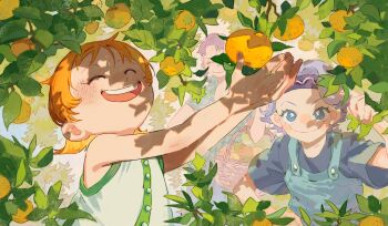 3girls absurdres adoptive_parent_and_adoptive_child adoptive_siblings aged_down bare_arms bare_shoulders basket bellemere blue_eyes blue_overalls blue_shirt blush closed_eyes closed_mouth commentary dappled_sunlight dress food fruit green_dress headband highres holding holding_basket looking_at_another mandarin_orange mother_and_daughter multiple_girls nami_(one_piece) nojiko_(one_piece) one_piece open_mouth orange_hair orange_tree outdoors overalls pink_hair purple_hair shirt short_hair siblings sisters siyangou49 sleeveless sleeveless_dress smile sunlight symbol-only_commentary teeth upper_body upper_teeth_only