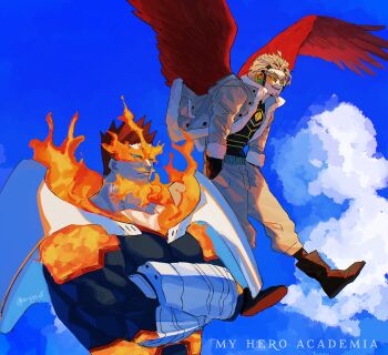 Rule 34 | 2boys, absurdres, azisaiharumaki56, black gloves, black shirt, boku no hero academia, boots, brown boots, closed mouth, cloud, commentary request, copyright name, crossed arms, endeavor (boku no hero academia), facial hair, fire, fur-trimmed jacket, fur trim, gloves, goatee stubble, hawks (boku no hero academia), headphones, highres, jacket, looking ahead, male focus, multiple boys, muscular, muscular male, pants, pyrokinesis, red hair, shirt, short hair, spiked hair, stubble, white pants