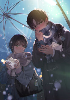 1boy 1girl absurdres bag_charm black_coat blush brown_hair cellphone charm_(object) coat commentary_request eating food highres holding holding_phone holding_umbrella long_sleeves looking_at_another looking_at_phone macaronk omamori original phone plaid_clothes plaid_scarf scarf short_hair smartphone snow steamed_bun umbrella