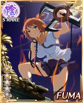 1girl aura blue_necktie blue_skirt breasts brown_eyes card_(medium) closed_mouth fuma_(senran_kagura) fuuma_shuriken game_cg hair_ribbon hanzou_academy_school_uniform holding holding_shuriken holding_weapon large_breasts leaning_forward medium_hair navel necktie night non-web_source official_alternate_costume official_art on_roof orange_hair pleated_skirt ribbon scarf school_uniform senran_kagura senran_kagura_new_wave shuriken skirt smile solo topknot weapon white_ribbon yellow_scarf