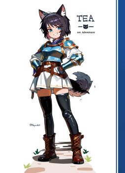1girl absurdres animal_ears armor belt black_gloves black_hair black_thighhighs blue_eyes boobplate boots breastplate brown_hair cat_ears cat_girl cat_tail colored_inner_hair couter cuirass dress full_body gloves grin hands_on_own_hips hepari highres looking_at_viewer multicolored_hair original pauldrons pink_hair short_dress short_hair shoulder_armor simple_background single_couter smile standing tail thighhighs vambraces white_background white_dress