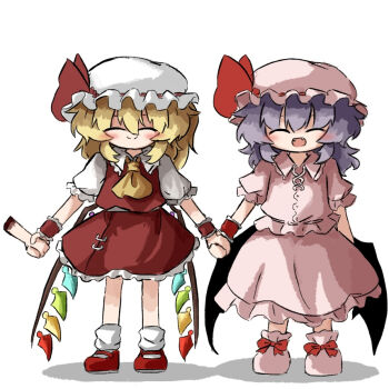Rule 34 | 2girls, :d, ascot, blonde hair, blush, bow, closed eyes, collared shirt, commentary request, crystal wings, fangs, flandre scarlet, footwear bow, frilled skirt, frilled sleeves, frilled wrist cuffs, frills, hat, hat bow, heripantomorrow, holding hands, holding limb, mary janes, medium hair, mob cap, multiple girls, open mouth, pink hat, pink shirt, pink skirt, pink socks, purple hair, red bow, red shoes, red skirt, red vest, remilia scarlet, severed hand, shirt, shoes, short sleeves, simple background, skirt, smile, socks, touhou, vest, white background, white hat, white shirt, wings, wrist cuffs, yellow ascot