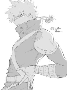 1boy bakugou_katsuki boku_no_hero_academia hand_on_own_hip high_collar highres japanese_text male_focus monochrome profile scar shirt short_hair sleeveless sleeveless_shirt solo spiked_hair superhero_costume uni_ssansyo upper_body white_background