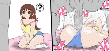 1boy 1girl :o ? ahegao ass bed blush breasts brown_hair clothed_female_nude_male clothed_sex colored_skin enigi09 grey_skin hayami_ayumi heart huge_penis huge_testicles legs_up long_hair looking_at_viewer lying mating_press nude on_bed open_mouth penis ponytail sex sitting size_difference small_breasts speech_bubble submarine_707r testicles tongue tongue_out vaginal