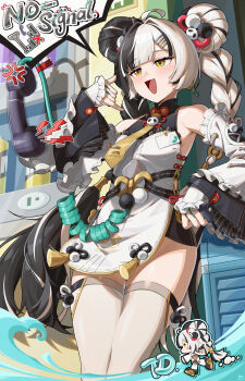 1girl absurdres against_wall ahoge anger_vein animal_print bare_shoulders bear_print black_hair braid braided_twintails chibi china_dress chinese_clothes commentary commentary_request corded_phone cowboy_shot detached_sleeves dialyn_(zenless_zone_zero) double_bun dress english_commentary hair_bun hair_extensions hair_intakes hair_ornament hairclip half-closed_eyes hand_up highres id_card jfzm001 long_hair looking_ahead mixed-language_commentary motion_blur multicolored_hair necktie open_mouth outdoors panda_hair_ornament panda_print phone ring_hair_extensions shadow shout_lines solo sparkling_eyes split-color_hair thighhighs vending_machine white_hair white_thighhighs yellow_eyes yellow_necktie zenless_zone_zero