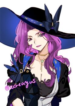 1girl breasts cleavage code_geass cornelia_li_britannia creayus female_focus hat honkai:_star_rail honkai_(series) jade_(honkai:_star_rail) large_breasts lipstick long_hair makeup matching_hair/eyes purple_eyes purple_hair solo twitter_username