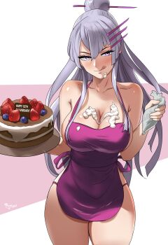 1girl absurdres apron breasts cake cleavage cream food frolaytia_capistrano hair_ornament heavy_object highres large_breasts licking_lips long_hair naked_apron oldmanjenkins84 purple_eyes silver_hair thighs tongue tongue_out