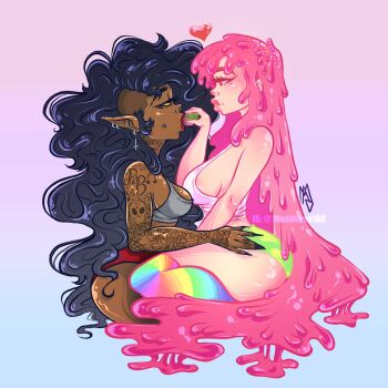 2girls adventure_time alternate_skin_color arm_tattoo artist_name black_hair black_nails breasts chewing_gum colored_skin commentary dark-skinned_female dark_skin english_commentary hand_on_another's_thigh heart highres large_breasts long_hair maddness108 marceline_abadeer medium_breasts multiple_girls pickle pink_skin pointy_ears princess_bonnibel_bubblegum sideboob skull_print tattoo thick_thighs thighs yuri