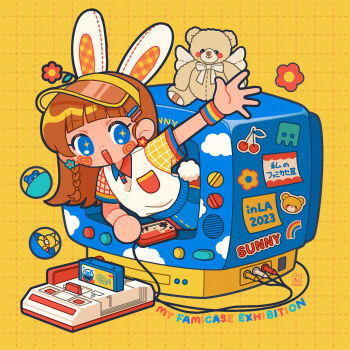 1girl animal_ears arm_up blue_eyes blush_stickers brown_hair cable commentary controller crt earrings english_commentary famicom flower_earrings game_console grid_background hair_ornament hairclip highres holding holding_controller itousa jewelry long_hair looking_at_viewer open_mouth original rabbit_ears rca_connector sticker stuffed_animal stuffed_toy teddy_bear visor_cap yellow_background