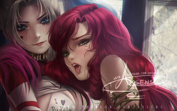 2girls asymmetrical_bangs axsen bare_shoulders batman_(series) blonde_hair blue_eyes breasts dc_comics facial_mark friends green_eyes half-closed_eyes harley_quinn harley_quinn_(suicide_squad) heart heart_facial_mark indoors lips lipstick long_hair looking_at_viewer looking_back makeup medium_breasts monster_girl multiple_girls naughty_face parted_bangs plant_girl poison_ivy red_hair red_lips round_teeth short_hair smile straight_hair suicide_squad teeth tongue tongue_out twintails upper_body upper_teeth_only yuri