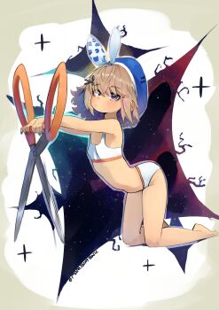 1girl absurdres amanogawa_shiina amanogawa_shiina_(sailor) arms_up barefoot belly beret blonde_hair blue_hat blue_nails bob_cut bow bra breasts choppy_bangs closed_mouth colored_inner_hair commentary constellation_print english_commentary hair_between_eyes hair_bow hair_ornament hairclip hat highres holding holding_scissors kneeling large_scissors leaning_on_object looking_at_viewer manapointbasic medium_hair multicolored_hair navel official_alternate_hairstyle orange_trim outline panties parallel_hairclips phase_connect purple_eyes purple_hair scissors scissors_hair_ornament signature small_breasts solo sports_bra sports_panties star_(sky) starry_sky_background underwear underwear_only virtual_youtuber weapon white_background white_bra white_panties
