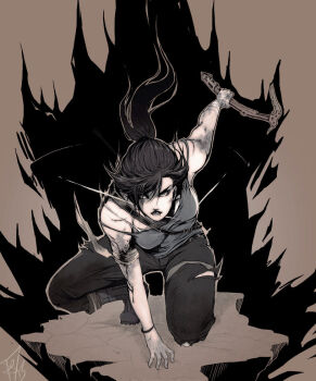 1girl bare_shoulders blood boots bow_(weapon) bra bracelet breasts crossbow dirty female_focus holding jewelry kneeling lara_croft lips long_hair on_one_knee pants parted_lips ponytail shirt sleeveless sleeveless_shirt solo spread_legs strap_slip tank_top tomb_raider tomb_raider_(reboot) torn_clothes underwear weapon