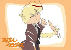 1girl animated apple_paradise black_necktie blonde_hair braid braided_ponytail copyright_name ezaki_marian hairdressing ikarashi_kai jacket looking_at_viewer multicolored_hair necktie open_clothes open_jacket open_mouth pencil_skirt pointing pointing_at_viewer red_hair shirt skirt solo streaked_hair suit_jacket v-shaped_eyebrows video white_shirt