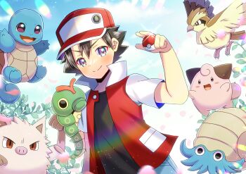 Rule 34 | 1boy, blue pants, caterpie, cleffa, closed mouth, commentary request, commission, day, gen 1 pokemon, gen 2 pokemon, hand up, hat, highres, holding, holding poke ball, jacket, kou hiyoyo, male focus, mankey, nintendo, omanyte, open clothes, open jacket, outdoors, pants, pidgey, pixiv commission, poke ball, poke ball (basic), pokemon, pokemon (creature), pokemon on arm, pokemon rgby, red (pokemon), red hat, red jacket, shirt, short hair, short sleeves, sky, smile, split mouth, squirtle