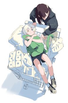 2girls absurdres bang_dream! bang_dream!_it's_mygo!!!!! black_shorts blue_eyes bread brown_hair closed_mouth commentary_request food gommotheworld grey_shirt highres in_shopping_cart kaname_raana korean_commentary long_hair long_sleeves multiple_girls partially_colored shiina_taki shirt shopping_cart short_hair short_sleeves shorts simple_background socks white_background white_hair white_socks yellow_eyes