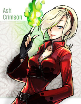 1girl ash_crimson bad_id bad_pixiv_id belt blonde_hair blue_eyes blush breasts character_name cleavage female_focus fingerless_gloves fingernails fire freckles genderswap genderswap_(mtf) gloves green_fire hair_over_one_eye hairband hand_on_own_hip kkaiju lipstick long_fingernails long_sleeves makeup medium_breasts nail_polish open_clothes open_mouth open_shirt pyrokinesis shirt short_hair sitting sleeves_past_wrists smile snk solo the_king_of_fighters unzipped wide_sleeves
