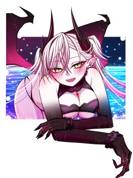 1girl absurdres bikini black_bikini black_hands blush body_markings breasts colored_extremities crossed_bangs demon_girl demon_horns demon_wings ear_piercing fate/grand_order fate_(series) green_eyes grey_hair hair_between_eyes highres horns large_breasts lilith_(fate) lilith_(stormy_night)_(fate) long_hair looking_at_viewer mcpc_zamurai open_mouth piercing pointy_ears smile solo swimsuit twintails very_long_hair wings