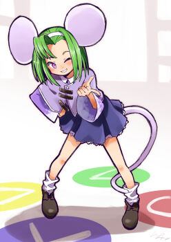 1girl ;) animal_ears bent_over black_shoes brave_fencer_musashiden capelet circle collared_shirt dress duplicate full_body green_hair hairband hand_on_own_hip index_finger_raised io_naomichi legs_apart long_sleeves looking_at_viewer loose_socks mouse_ears mouse_girl mouse_tail one_eye_closed pixel-perfect_duplicate playstation_symbols purple_capelet purple_eyes purple_shirt shirt shoes short_hair single_hair_intake smile socks solo square standing tail topo_(musashiden) triangle white_hairband white_legwear wide_sleeves