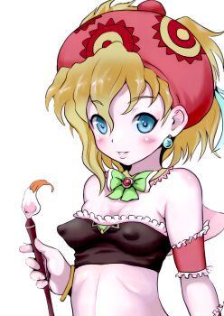 1girl absurdres beret blonde_hair blue_eyes blush breasts brush covered_erect_nipples earrings esora_koto female_focus final_fantasy final_fantasy_vi hat highres jewelry loli looking_at_viewer relm_arrowny short_hair simple_background small_breasts solo square_enix white_background