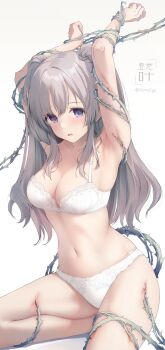 1girl armpit_crease armpits arms_behind_head arms_up artist_logo artist_name bdsm belly blood blush bondage bound bound_arms bound_wrists bow bow_bra bow_panties bowtie bra breasts cleavage clenched_hand collarbone commentary_request feet_out_of_frame female_focus foley_anden foot_out_of_frame grey_hair hair_between_eyes highres idolmaster idolmaster_shiny_colors lace lace-trimmed_bra lace-trimmed_panties lace_trim large_breasts linea_alba lingerie logo long_hair looking_ahead looking_at_viewer looking_to_the_side looking_up navel open_mouth panties parted_lips purple_eyes restrained school_uniform sidelocks simple_background sitting solo stomach thighs thorns tongue twintails two_side_up underwear underwear_only watermark white_background white_bow white_bowtie white_bra white_panties yukoku_kiriko