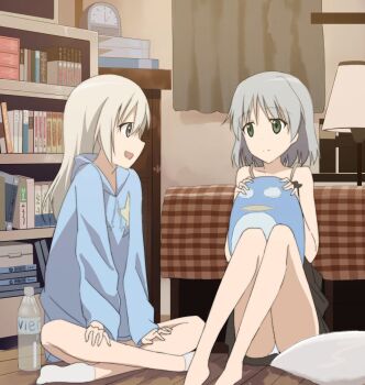 2girls barefoot bed blue_eyes blue_jacket book bottle clock commentary_request curtains eila_ilmatar_juutilainen grey_eyes grey_hair highres indoors jacket lamp long_hair looking_at_another multiple_girls no_pants open_mouth pillow sanya_v._litvyak short_hair sitting smile socks soha_(sirohase) strike_witches stuffed_animal stuffed_penguin stuffed_toy white_hair white_socks world_witches_series