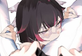 2girls absurdres between_legs biting black_hair columbina_(genshin_impact) commentary_request dress eye_mask female_pov hand_on_another's_thigh head_wings highres long_hair looking_at_viewer mask multicolored_hair multiple_girls pink_hair pov sa_3987 sandrone_(genshin_impact) simple_background streaked_hair two-tone_hair unusually_open_eyes white_background white_dress white_mask wings yuri