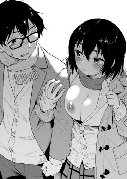 black_hair blush breast_press breasts buttons cardigan commentary_request commission eye_contact glasses greyscale highres holding_another's_arm jacket large_breasts looking_at_another monochrome nathaniel_pennel nipples one_breast_out open_clothes open_jacket open_shirt original partially_unbuttoned plaid_clothes plaid_skirt presenting_own_body presenting_own_breasts public_indecency scarf school_uniform shirt short_hair simple_background skeb_commission skirt smile sweatdrop white_background