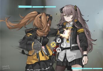 2girls artist_name black_gloves black_pantyhose black_skirt blurry blurry_background brown_hair closed_mouth cowboy_shot dated expressionless fingerless_gloves girls'_frontline gloves goggles goggles_on_head grey_hair hair_between_eyes hair_ornament health_bar highres hitting jacket long_hair looking_at_another meme metal_gear_(series) metal_gear_rising:_revengeance mod3_(girls'_frontline) multiple_girls night-vision_device one_side_up open_clothes open_jacket pantyhose parody pleated_skirt raiden_punching_armstrong_(meme) sawkm scar scar_across_eye scar_on_face scene_reference shirt skirt twintails ump45_(girls'_frontline) ump45_(mod3)_(girls'_frontline) ump9_(girls'_frontline) ump9_(mod3)_(girls'_frontline) white_shirt yellow_eyes