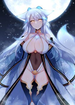 Rule 34 | 1girl, animal ears, bare shoulders, black thighhighs, fox ears, fox tail, glowing, glowing eyes, grin, horns, konshin, leotard, looking at viewer, moon, navel, original, smile, solo, tail, thighhighs, yellow eyes