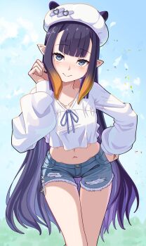 1girl blue_eyes blue_shorts blunt_bangs blush casual closed_mouth collarbone commentary denim denim_shorts gradient_hair groin hand_on_own_hip head_tilt highres hololive hololive_english long_hair long_sleeves looking_at_viewer mole mole_under_eye multicolored_hair navel ninomae_ina&#039;nis orange_hair pointy_ears purple_hair pwgp6_tomato shorts shrug_(clothing) sidelocks solo standing stomach symbol-only_commentary tentacle_hair very_long_hair virtual_youtuber white_shrug