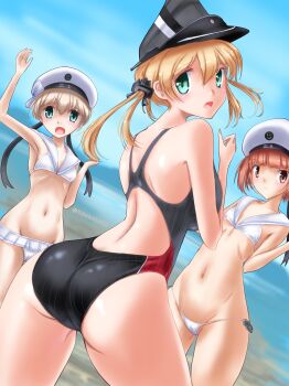 3girls absurdres anchor_ornament ass beach beret bikini blonde_hair breasts green_eyes hat highres kantai_collection large_breasts multiple_girls navel one-piece_swimsuit prinz_eugen_(kancolle) red_eyes red_hair swimsuit twintails yokareto_omotte z1_leberecht_maass_(kancolle) z3_max_schultz_(kancolle)