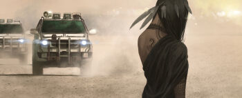 Rule 34 | 1girl, black hair, car, desert, dust, feathers, female focus, long hair, motor vehicle, original, shiira, solo, sports utility vehicle, tattoo