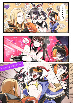 1other 2boys animal_ears asahi_sas_brutus au_ra black_hair black_horns black_scales bowl_cut commentary commission commissioner_upload dragon_horns english_commentary final_fantasy final_fantasy_xiv garlean gloves halloween high_ponytail highres holding horns hyur izumi_tol_amulius jack-o'-lantern jiangshi_costume long_hair multiple_boys mumu_(bloody_johnson) open_mouth playboy_bunny ponytail rabbit_ears scales short_hair skeb_commission smile zenos_yae_galvus