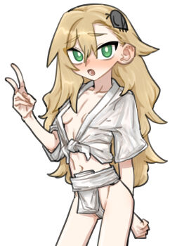 Rule 34 | 1girl, blonde hair, blush, breasts, bright pupils, commentary request, fundoshi, green eyes, hair between eyes, happi, highres, insect hair ornament, japanese clothes, long hair, matangom, matangomu-chan, navel, original, petite, pillbug, simple background, skinny, small breasts, sternum, v, white background, white pupils