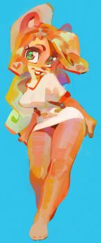 1girl absurdres animal_ears animal_nose bare_legs blonde_hair blue_background breasts coco_bandicoot crash_bandicoot_(series) full_body furry furry_female green_eyes highres long_hair shirt simple_background smile solo wamudraws