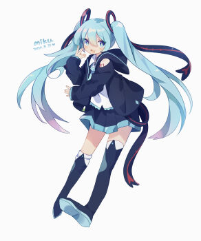 1girl :d absurdres asymmetrical_footwear black_boots black_hoodie black_skirt blue_eyes blue_hair blue_necktie blush_stickers boots character_name collared_shirt commentary dated full_body hair_between_eyes hatsune_miku highres hood hood_down hoodie knee_boots long_hair long_sleeves looking_at_viewer miniskirt necktie number_tattoo open_clothes open_hoodie open_mouth pleated_skirt shirt shoulder_tattoo simple_background single_thigh_boot skirt smile solo tattoo thigh_boots twintails uenomigi uneven_footwear very_long_hair vocaloid white_background white_shirt