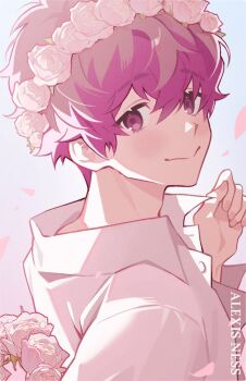 Rule 34 | 1boy, alexis ness, blue lock, character name, closed mouth, collared shirt, flower, head wreath, looking at viewer, lvemhrd, male focus, purple eyes, purple hair, shirt, smile, solo, upper body, white shirt