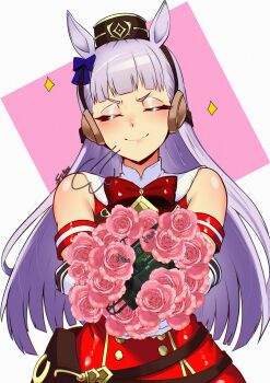 1girl absurdres animal_ears armband bare_shoulders belt_pouch blunt_bangs bomb bouquet bow bowtie closed_eyes commentary dress ear_bow ear_covers ear_ornament ear_ribbon english_commentary explosive flower fukou gloves gold_ship_(red_strife)_(umamusume) gold_ship_(umamusume) highres holding holding_bouquet horse_ears horse_girl horseshoe_ornament long_hair outstretched_arms pillbox_hat pouch red_bow red_bowtie red_dress signature simple_background sleeveless sleeveless_dress solo sparkle umamusume white_background white_gloves white_hair