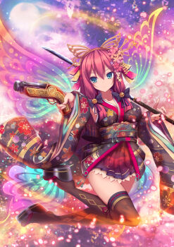 1girl absurdres aiming akina_t black_thighhighs blue_eyes butterfly_wings commentary_request floral_print frilled_skirt frills gun hair_ornament handgun highres holding holding_sword holding_weapon insect_wings japanese_clothes kimono okobo original pink_hair platform_sandals ribbon-trimmed_thighhighs ribbon_trim sandals sengoku_fubu skirt sword thighhighs weapon wide_sleeves wings