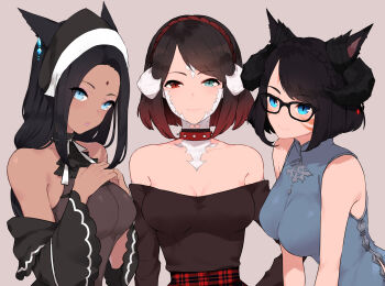3girls :o absurdres animal_ears au_ra bindi blue_dress blue_eyes body_markings breasts brown_hair brown_shirt cat-shaped_pupils cat_ears china_dress chinese_clothes cleavage commission dragon_horns dress earrings facial_mark final_fantasy final_fantasy_xiv forehead_mark frilled_dress frilled_neckwear frills gingham_skirt glasses green_eyes grey_background half-closed_eyes hands_over_breasts headgear heterochromia highres horns jewelry lipstick long_hair looking_at_viewer makeup medium_breasts medium_hair multiple_girls original red_eyes sakotach shirt short_hair smile symbol-shaped_pupils upper_body warrior_of_light_(ff14)